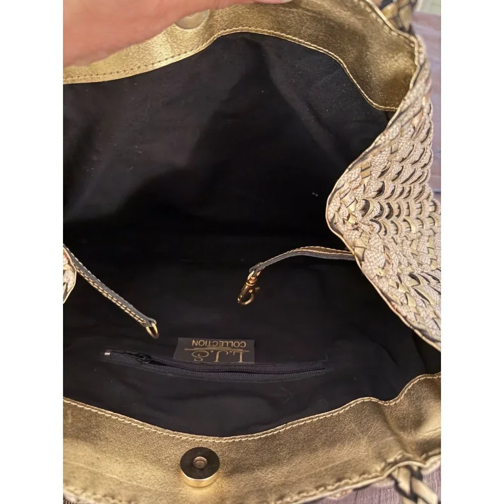 L.J.S. Collection Womens Tote Bag Gold Beige All-Over Woven Pattern Vintage